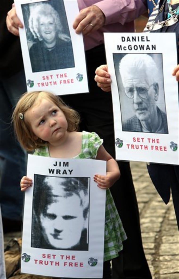 Megan Bradley, 3, grand niece of Jim Wray, gathers with other relatives of those shot dead on "Bloody Sunday" in Londonderry on Tuesday.